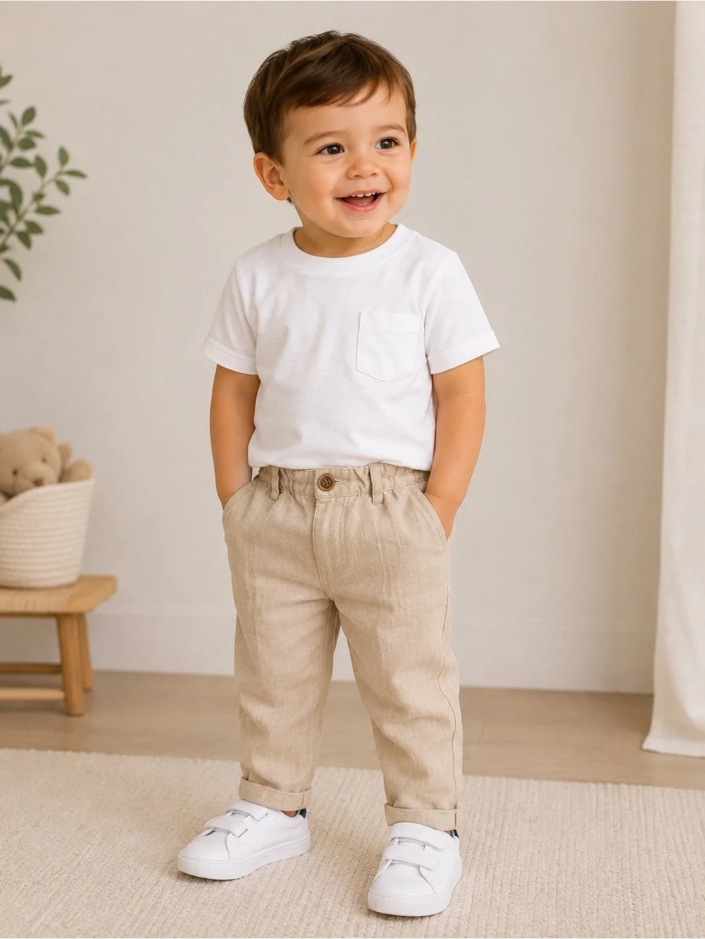 Zara Baby Boys Beige Linen Blend Elastic Waist Pants 12-18M 86cm